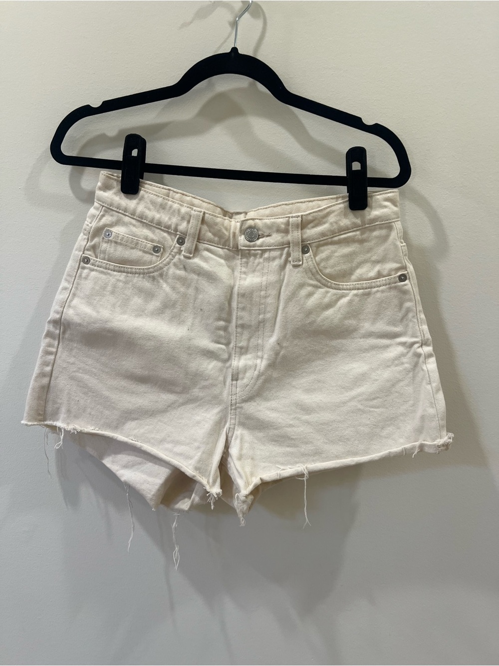 Weekday Cream High-Rise Raw Hem Denim Shorts